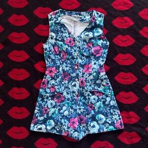 Vintage 90s wet seal Paris blues blue floral denim sleeveless romper XS-S